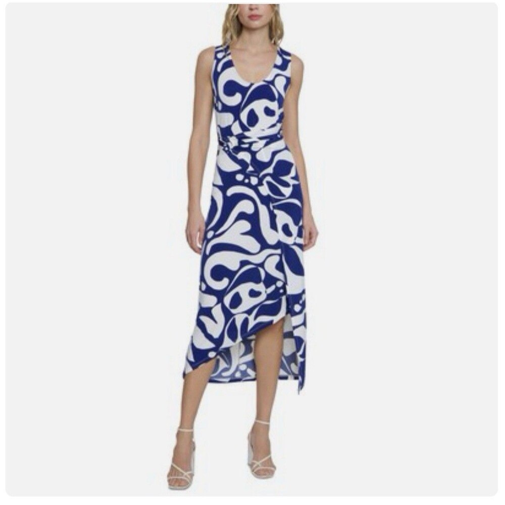 Donna Morgan Women's Printed Wrap-Waist Asymmetric Dress (Navy, SIZE 10) NWT